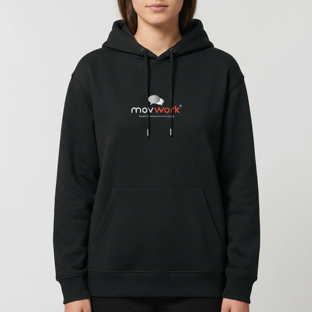 Moletom com estampa frontal de logotipo centralizado e texto cursivo, e estampa traseira idêntica, com ícone estilizado e fonte moderna.