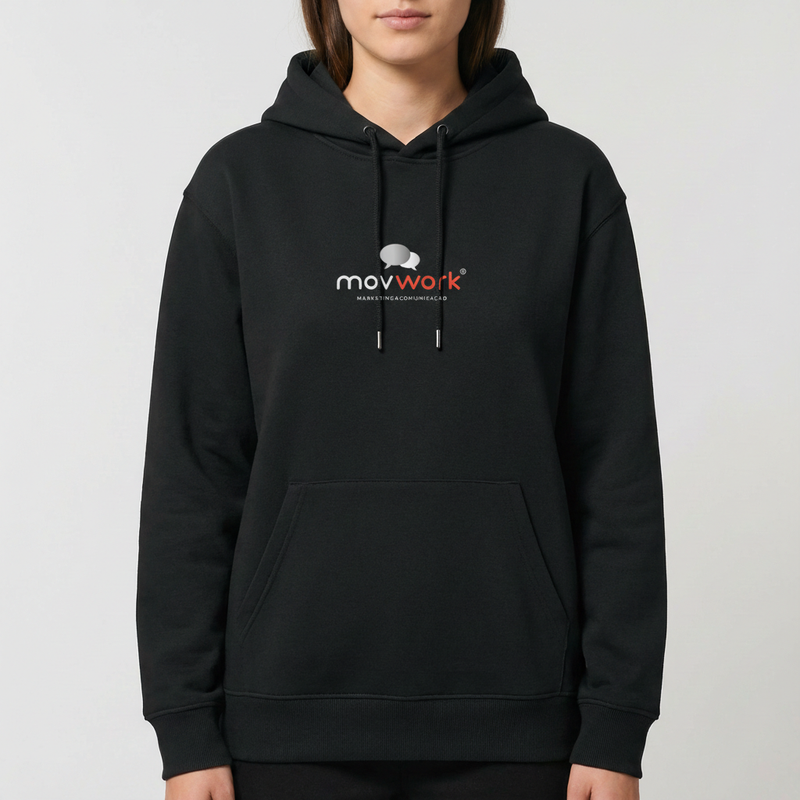 Moletom com estampa frontal de logotipo centralizado e texto cursivo, e estampa traseira idêntica, com ícone estilizado e fonte moderna.