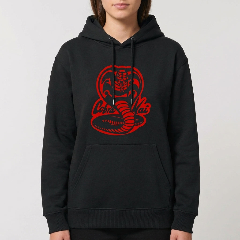 Moletom com estampa frontal de cobra em posição ameaçadora e texto estilizado, e estampa traseira com inscrições em letras marcantes e dinâmicas.