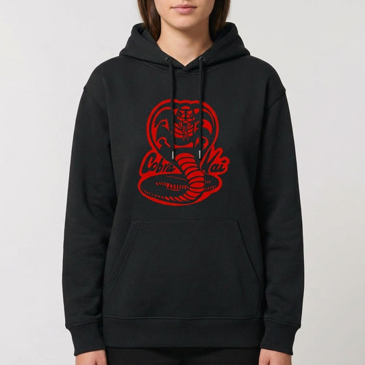 Moletom com estampa frontal de cobra em posição ameaçadora e texto estilizado, e estampa traseira com inscrições em letras marcantes e dinâmicas.