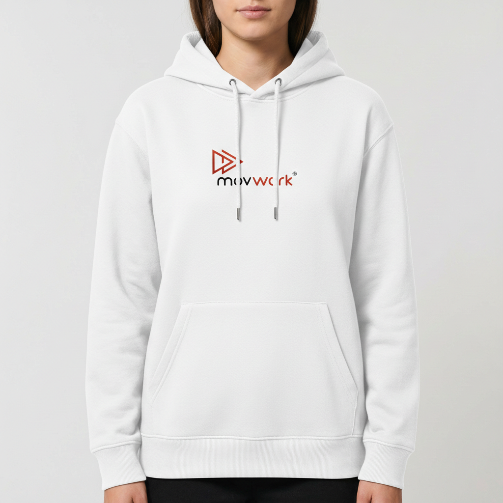 Moletom com estampa frontal de logotipo estilizado com setas e texto "movwork" e estampa traseira idêntica ao logotipo frontal.