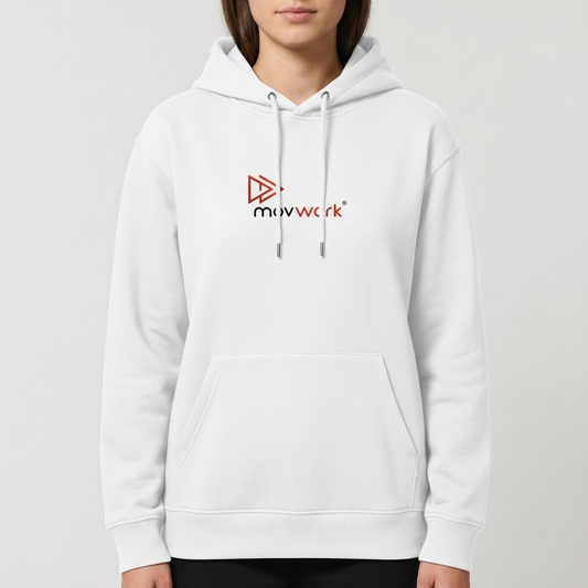 Moletom com estampa frontal de logotipo estilizado com setas e texto "movwork" e estampa traseira idêntica ao logotipo frontal.