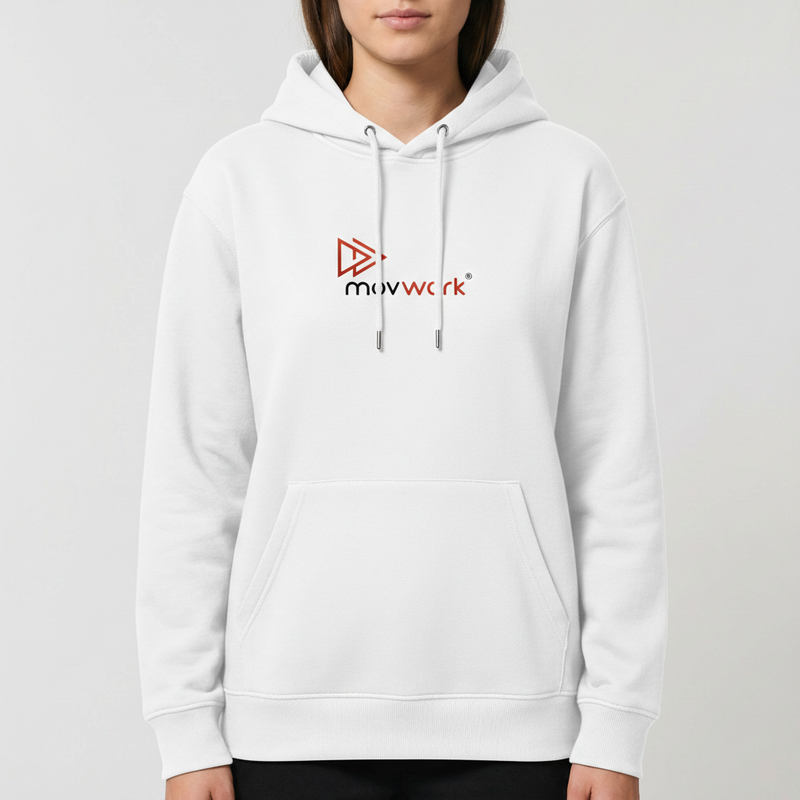 Moletom com estampa frontal de logotipo estilizado com setas e texto "movwork" e estampa traseira idêntica ao logotipo frontal.