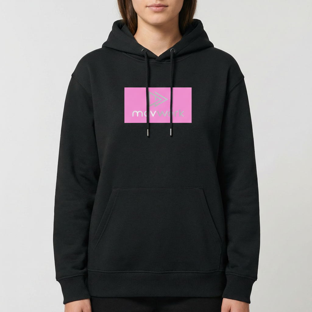 Moletom com estampa frontal de logotipo com nome "movwork" e seta dupla ao lado em retângulo, e estampa traseira idêntica à frontal.