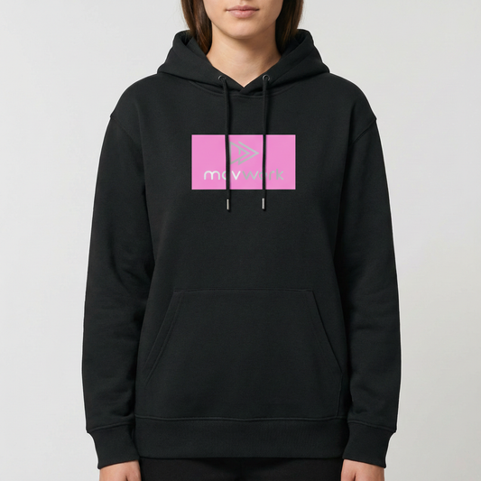 Moletom com estampa frontal de logotipo com nome "movwork" e seta dupla ao lado em retângulo, e estampa traseira idêntica à frontal.