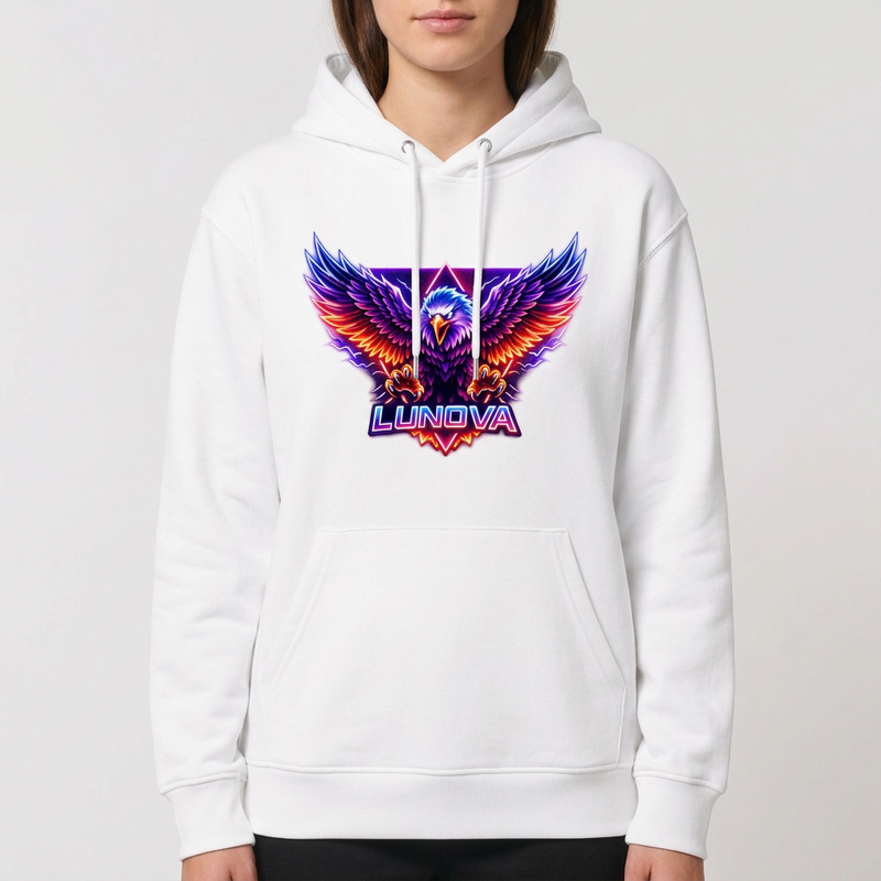 Moletom com estampa frontal de águia em estilo neon, asas abertas, sobre um fundo geométrico, acompanhada pela palavra "LUNOVA" em letras brilhantes.