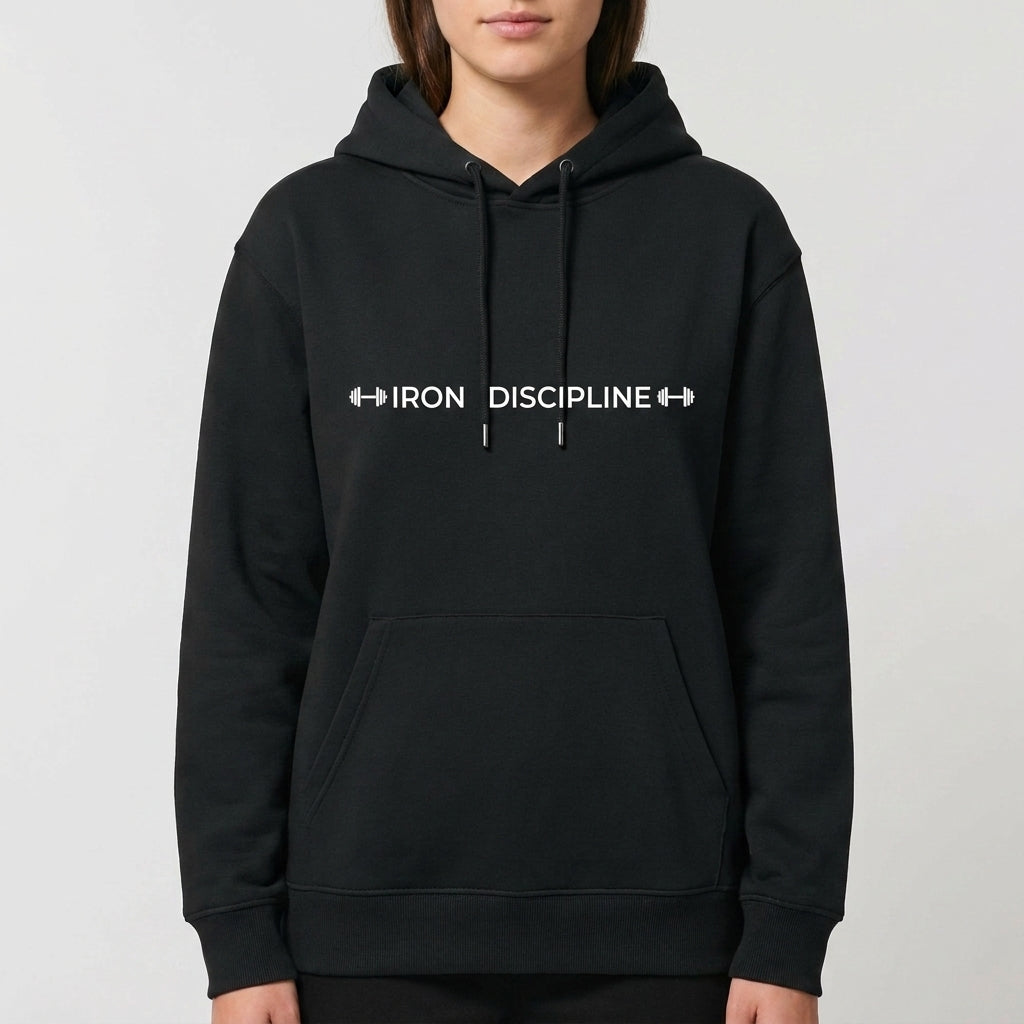 Moletom com estampa frontal de duas hastes de halteres em torno das palavras "IRON DISCIPLINE" em um estilo tipográfico clean e direto.
