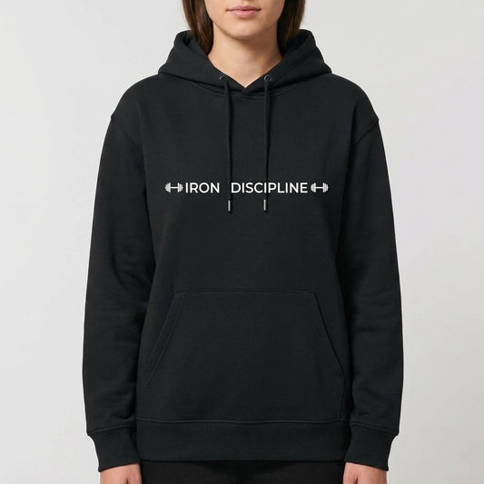 Moletom com estampa frontal de duas hastes de halteres em torno das palavras "IRON DISCIPLINE" em um estilo tipográfico clean e direto.