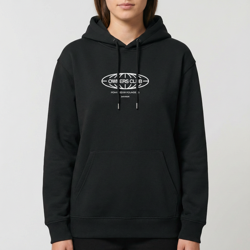 Moletom com estampa frontal de logotipo oval com texto "OWNERS CLUB", "POWERED BY FOUNDERS" e "just drift", rodeado por um design geométrico.