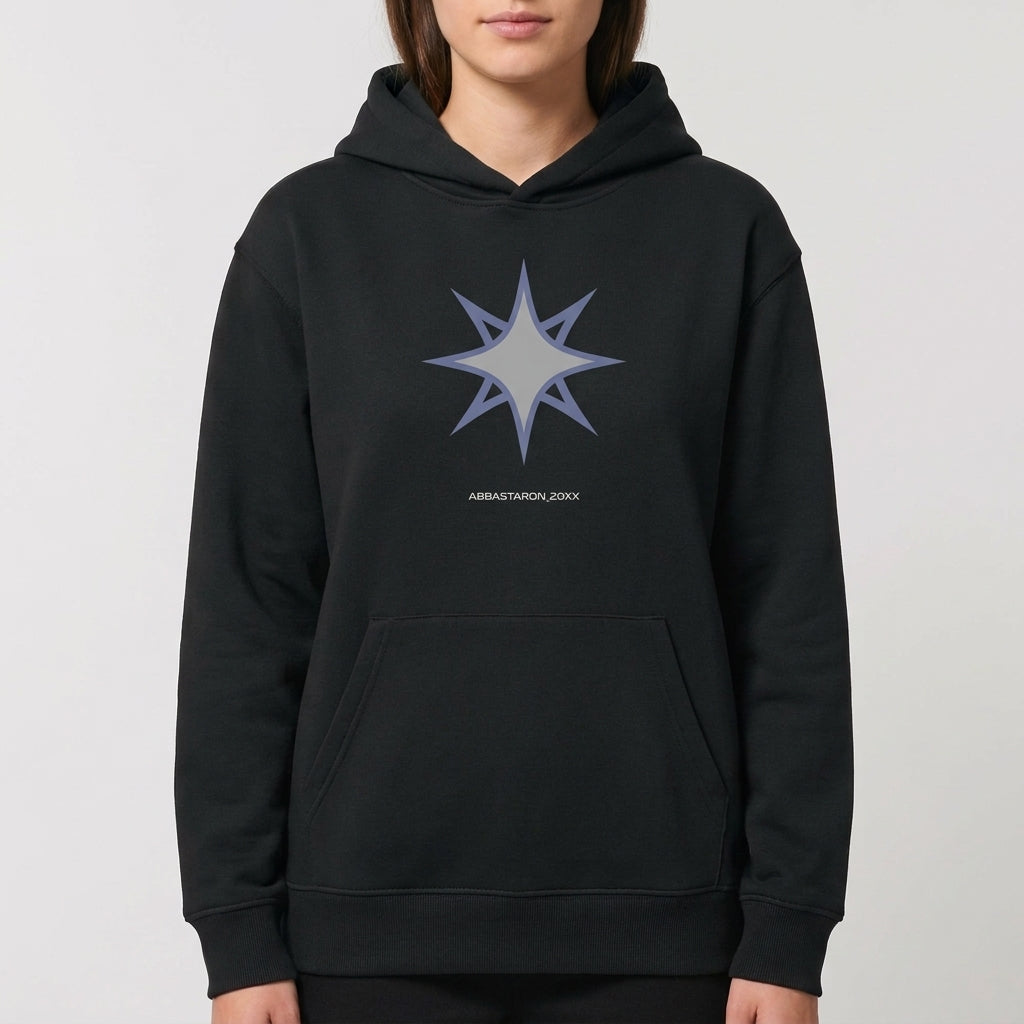 Moletom com estampa frontal de uma estrela de oito pontas estilizada, contornada em azul com um centro cinza, acompanhada de texto pequeno abaixo.