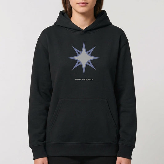 Moletom com estampa frontal de uma estrela de oito pontas estilizada, contornada em azul com um centro cinza, acompanhada de texto pequeno abaixo.
