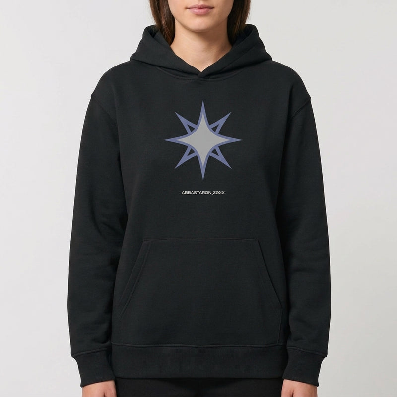 Moletom com estampa frontal de uma estrela de oito pontas estilizada, contornada em azul com um centro cinza, acompanhada de texto pequeno abaixo.