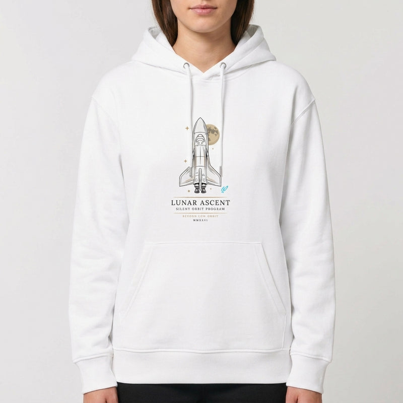 Moletom com estampa frontal de foguete espacial em detalhe, lua e estrelas ao fundo, acompanhado de texto "Lunar Ascent Silent Orbit Program" e elementos gráficos adicionais.