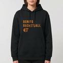 Moletom com estampa frontal de texto "Bonito Basketball" acima de um icônico aro de basquete, em um design simples que destaca esportividade.