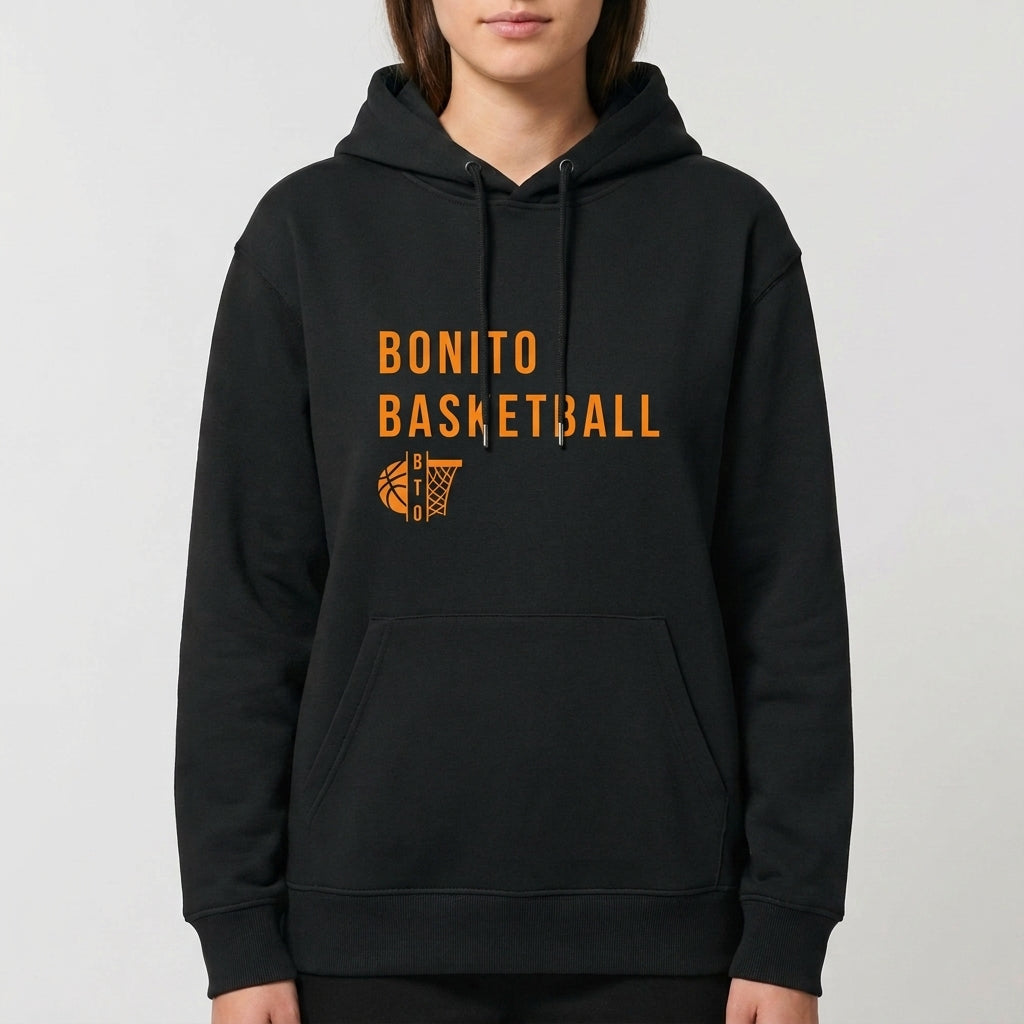 Moletom com estampa frontal de texto "Bonito Basketball" acima de um icônico aro de basquete, em um design simples que destaca esportividade.