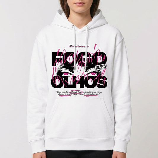 Moletom com estampa frontal de olhos gráficos intensos sobrepostos por letras grandes e detalhes estilizados, acompanhados de texto pequeno no rodapé.