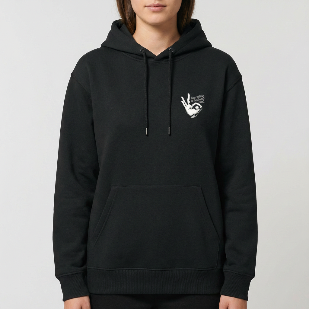 Moletom com estampa frontal de mão fazendo gesto positivo e texto inspirador, e estampa traseira de logotipo "So Fine", citação motivacional e ícone de globo.