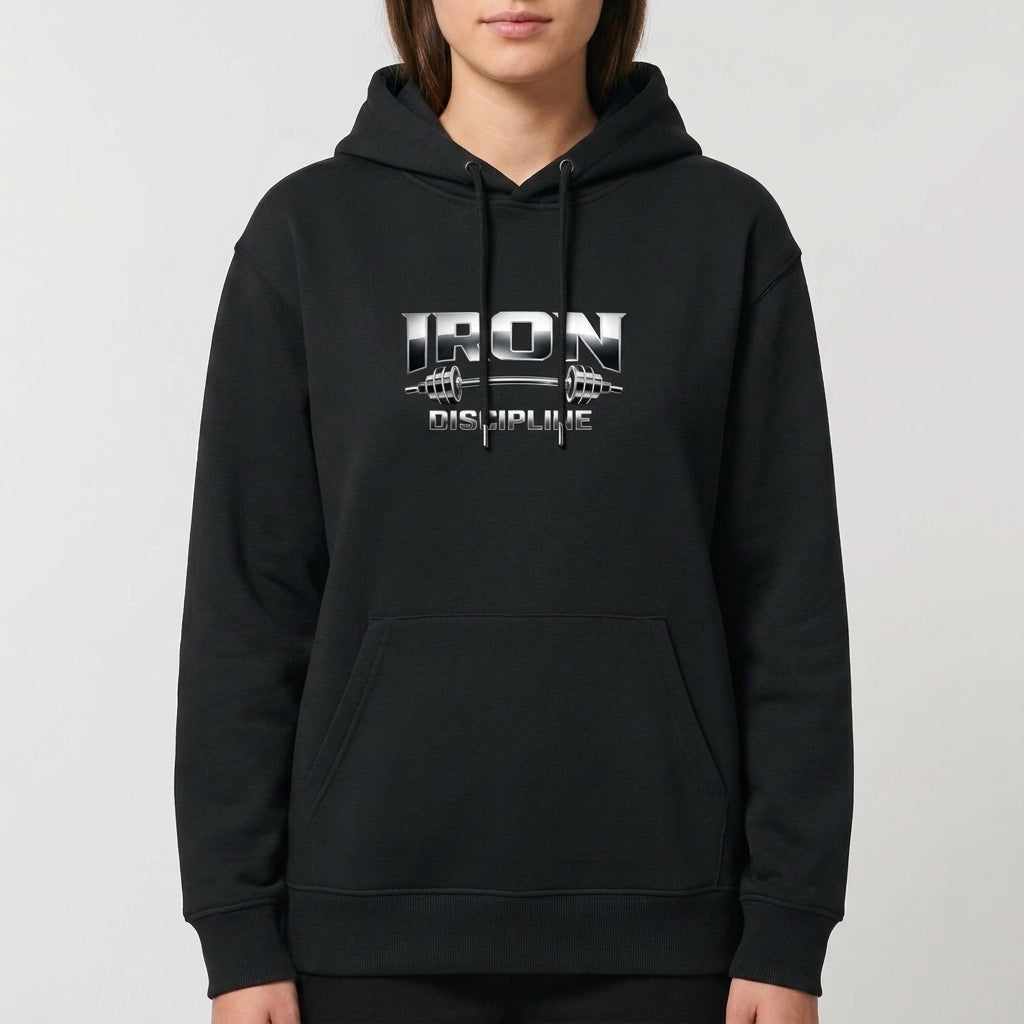 Moletom com estampa frontal de letras metálicas destacando "IRON" com uma barra de halteres entre elas e abaixo a palavra "DISCIPLINE" em estilo robusto.