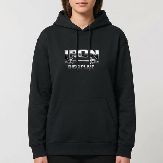 Moletom com estampa frontal de letras metálicas destacando "IRON" com uma barra de halteres entre elas e abaixo a palavra "DISCIPLINE" em estilo robusto.