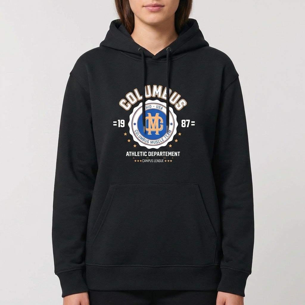 Moletom com estampa frontal de emblema esportivo centralizado, com texto "Columbus", ano "1987", estrelas e detalhes "Athletic Departement".