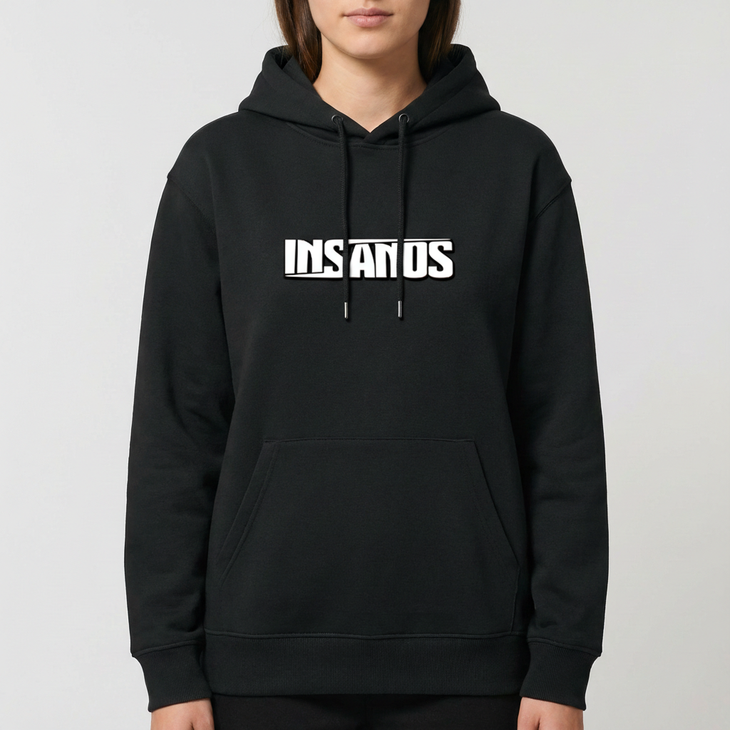 Moletom com estampa frontal de texto estilizado em negrito com a palavra "INSANOS" centralizada e sublinhada por duas linhas paralelas.