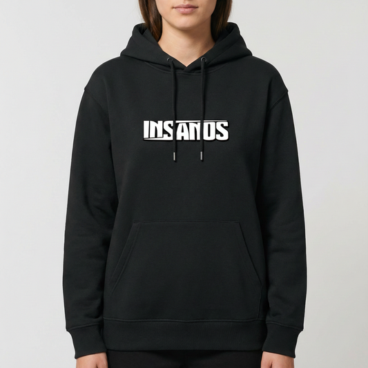 Moletom com estampa frontal de texto estilizado em negrito com a palavra "INSANOS" centralizada e sublinhada por duas linhas paralelas.