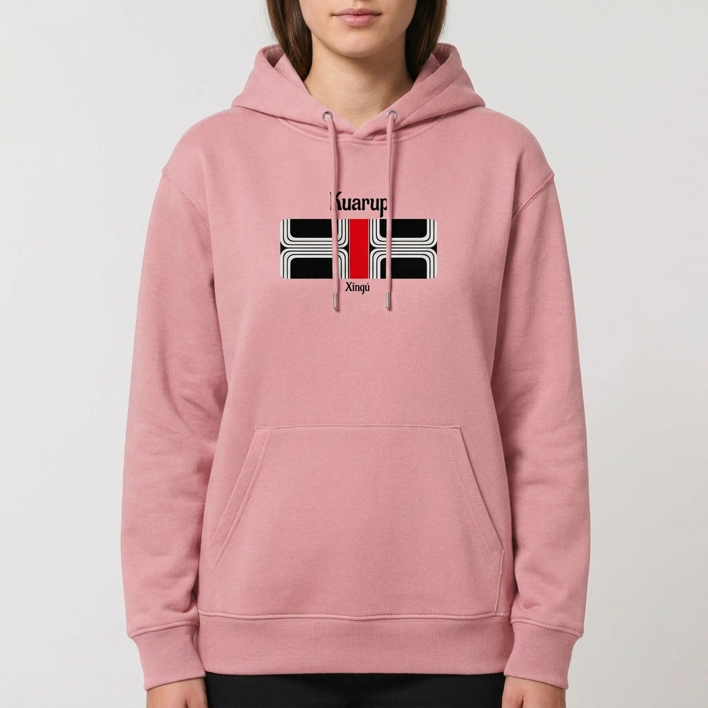 Moletom com estampa frontal de motivo geométrico com linhas curvas, inscrição "Kuarup Xingú" em destaque, e estampa traseira menor de design similar.