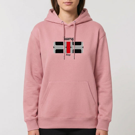 Moletom com estampa frontal de motivo geométrico com linhas curvas, inscrição "Kuarup Xingú" em destaque, e estampa traseira menor de design similar.