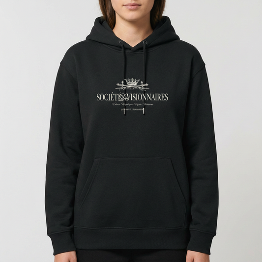 Moletom com estampa frontal de coroa detalhada acima do texto "Société Visionnaires", com frases menores em estilo clássico complementando o design.