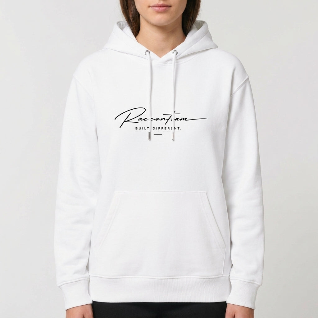 Moletom com estampa frontal de texto cursivo "Racoon Team" e lema, e estampa traseira de monograma "RT", "Raccon Team" e "Est. 2017" com setas.