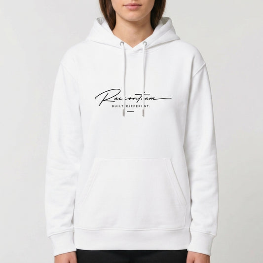Moletom com estampa frontal de texto cursivo "Racoon Team" e lema, e estampa traseira de monograma "RT", "Raccon Team" e "Est. 2017" com setas.