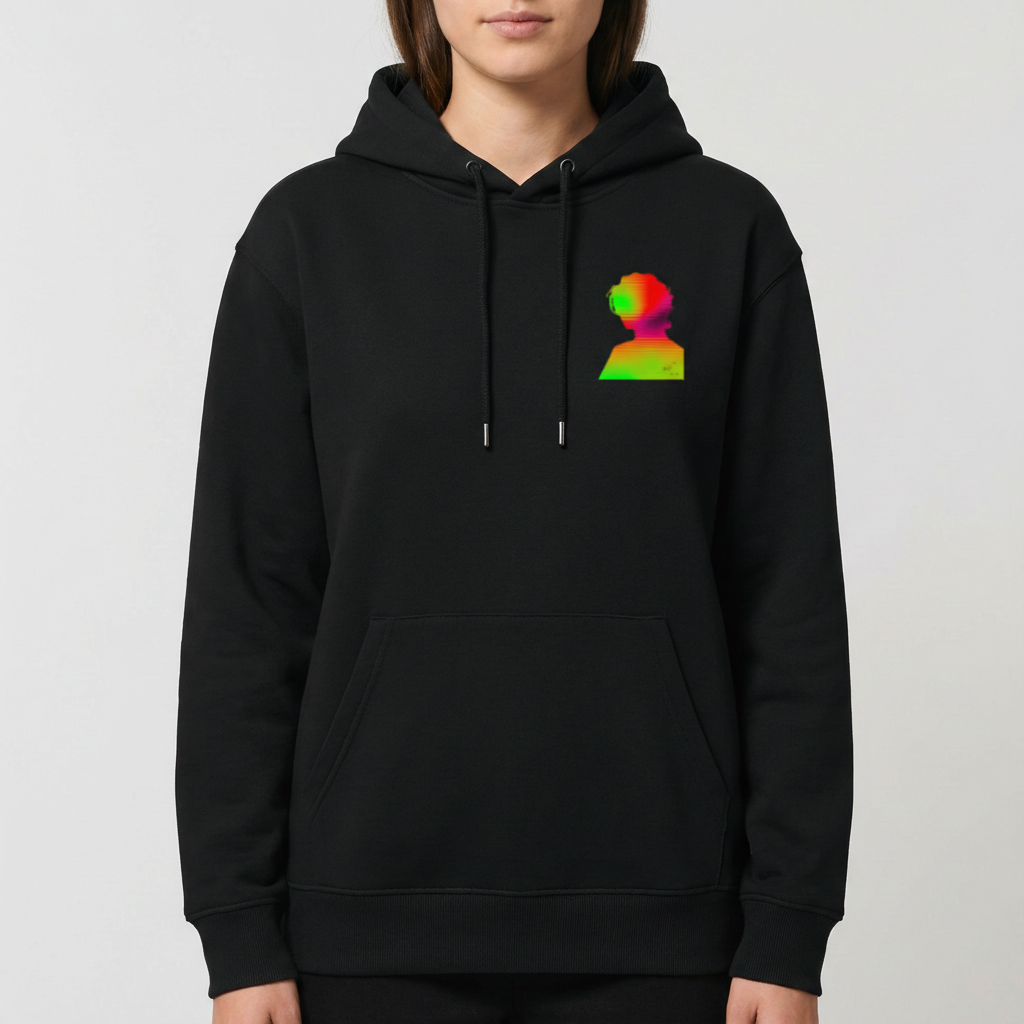 Moletom com estampa frontal de busto em perfil com efeito de distorção colorida e estampa traseira de silhueta sobre fundo multicolorido com linhas horizontais.
