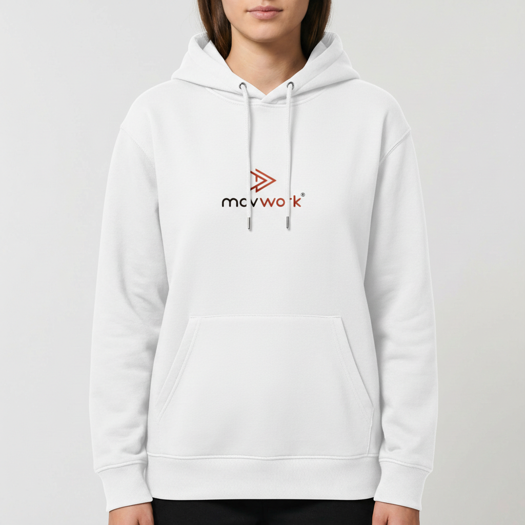 Moletom com estampa frontal de logotipo estilizado envolvendo triângulo duplo e texto "movwork" e estampa traseira idêntica com mesmo logotipo centralizado.