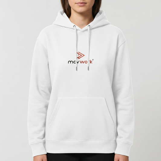 Moletom com estampa frontal de logotipo estilizado envolvendo triângulo duplo e texto "movwork" e estampa traseira idêntica com mesmo logotipo centralizado.