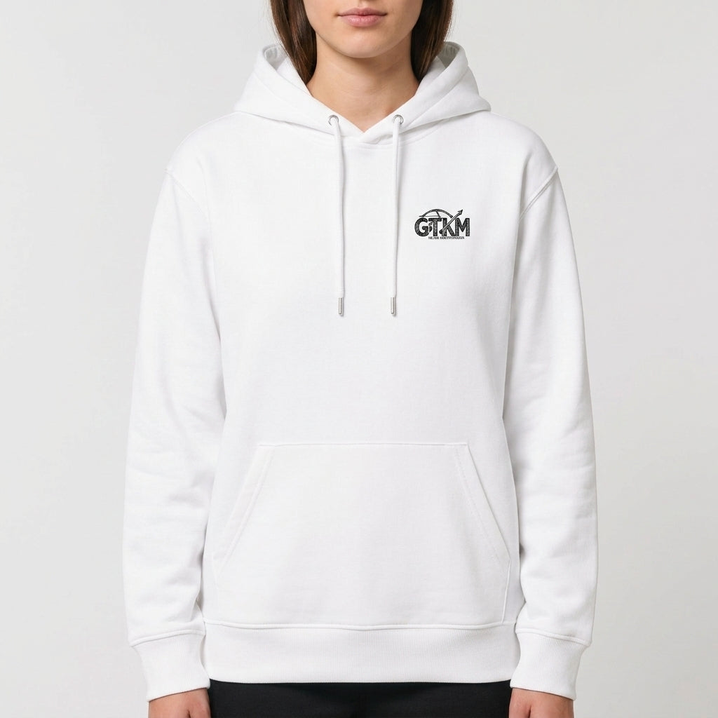 Moletom com estampa frontal de texto estilizado "GRK" com um arco e flecha e estampa traseira de "TKM" acompanhada de um ramo de folhas e flecha.