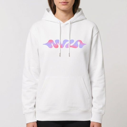 Moletom com estampa frontal de formas onduladas abstratas em tons gradientes de rosa e roxo, criando um efeito visual fluido e dinâmico.