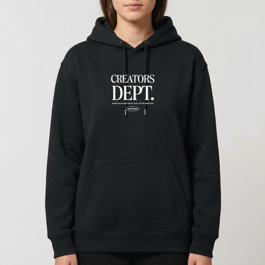 Moletom com estampa frontal de texto "CREATORS DEPT." em fonte estilizada, acompanhado por uma frase menor abaixo, incluindo um pequeno logotipo oval.