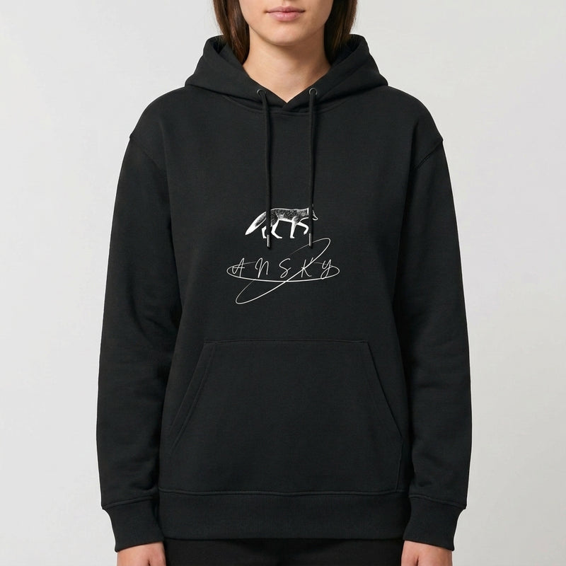 Moletom com estampa frontal de linha que forma um lobo detalhado, acompanhado de texto estilizado, criando um design minimalista e sofisticado.