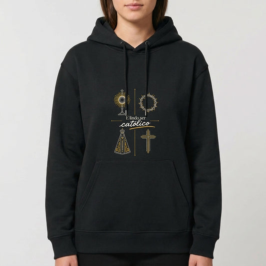 Moletom com estampa frontal de elementos religiosos incluindo um ostensório, coroa de espinhos, cruz e Nossa Senhora, e estampa traseira de logotipo com coroa.