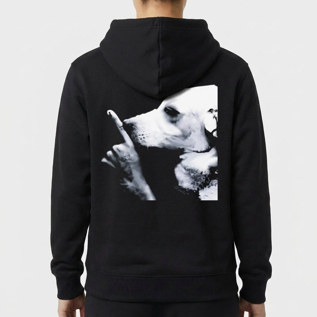 Moletom com estampa frontal de "NÃO GRITA" em letras destacadas e estampa traseira de um cachorro em imagem em preto e branco, gesto de silêncio.