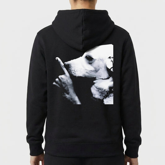 Moletom com estampa frontal de "NÃO GRITA" em letras destacadas e estampa traseira de um cachorro em imagem em preto e branco, gesto de silêncio.
