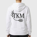 Moletom com estampa frontal de texto estilizado "GRK" com um arco e flecha e estampa traseira de "TKM" acompanhada de um ramo de folhas e flecha.