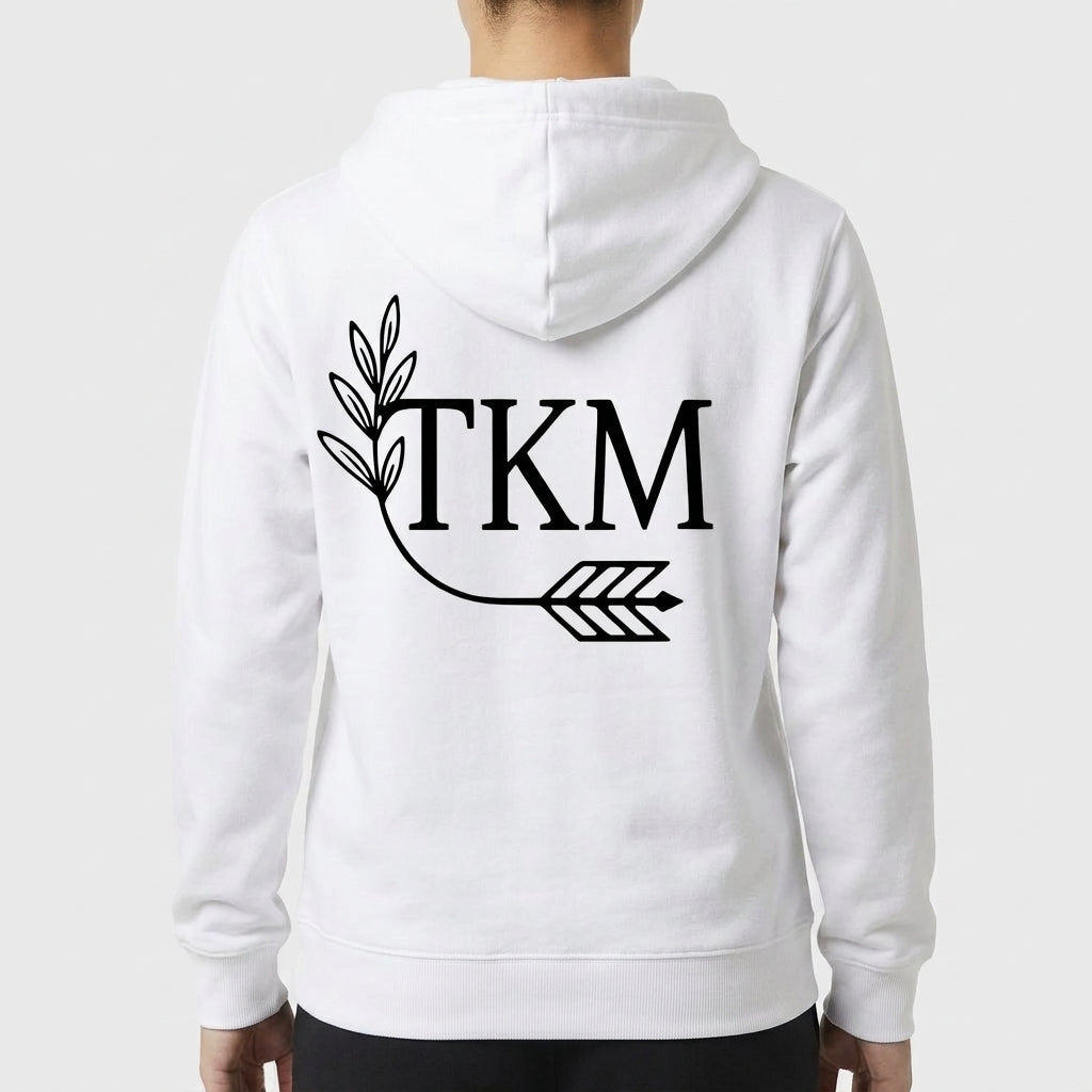Moletom com estampa frontal de texto estilizado "GRK" com um arco e flecha e estampa traseira de "TKM" acompanhada de um ramo de folhas e flecha.