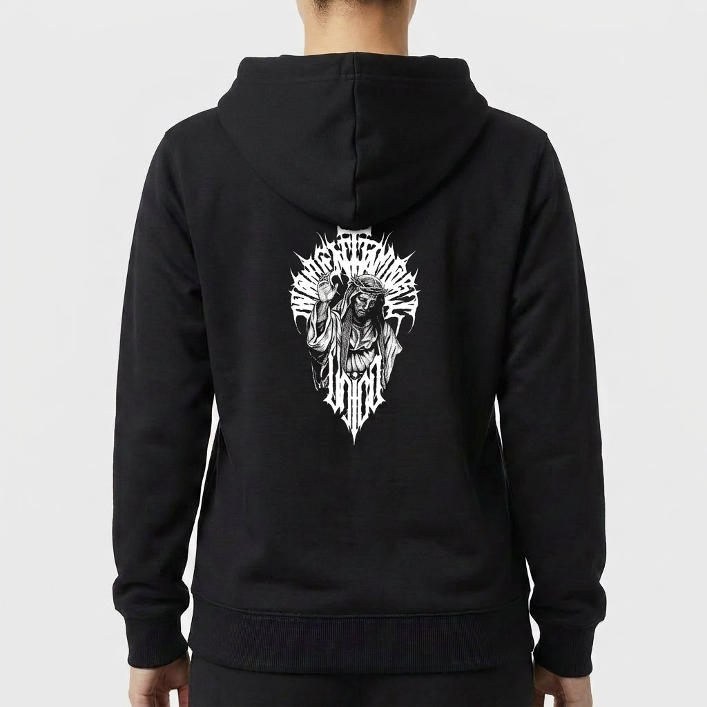 Moletom com estampa frontal de um padrão espinhoso simétrico contendo a palavra "EGOIST" e estampa traseira de figura central detalhada com motivos tribais.
