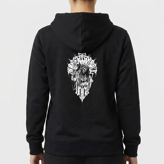 Moletom com estampa frontal de um padrão espinhoso simétrico contendo a palavra "EGOIST" e estampa traseira de figura central detalhada com motivos tribais.