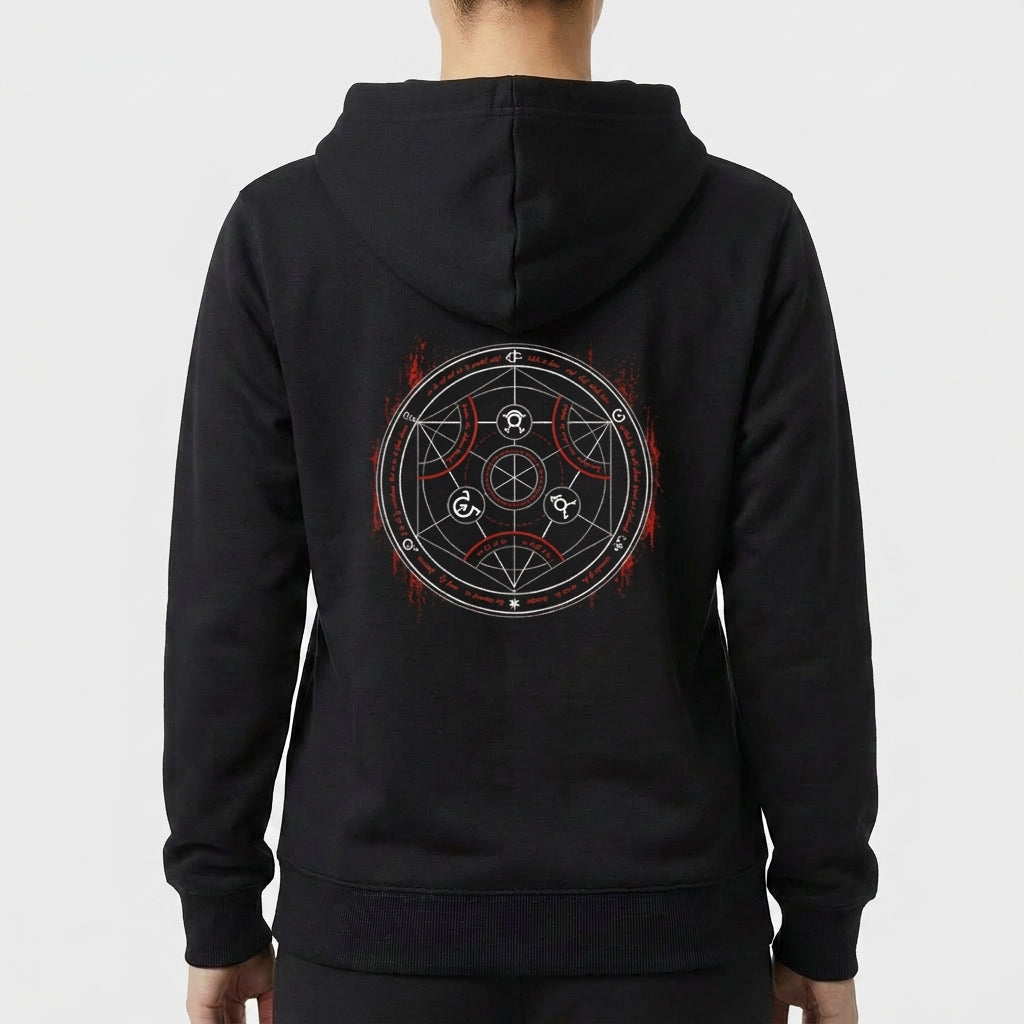 Moletom com estampa frontal de personagem estilizado com inscrições verticais e detalhes luminosos e estampa traseira de círculo místico com símbolos complexos.