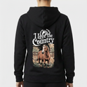 Moletom com estampa frontal de símbolo de cavalo emoldurado por louros e estampa traseira de cavalo realista com texto "I Love the Country".