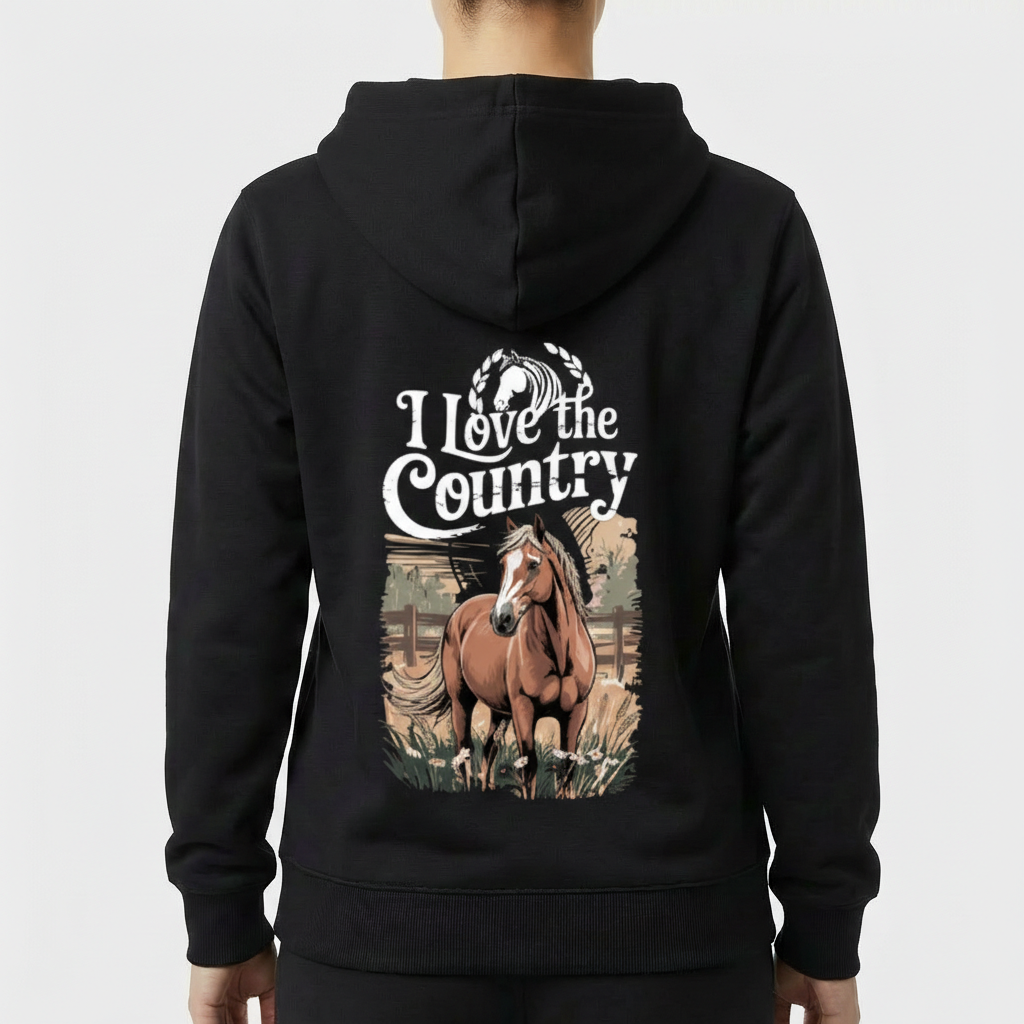 Moletom com estampa frontal de símbolo de cavalo emoldurado por louros e estampa traseira de cavalo realista com texto "I Love the Country".