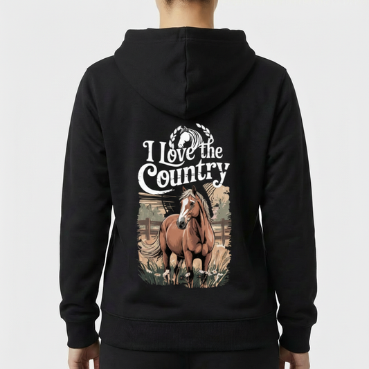 Moletom com estampa frontal de símbolo de cavalo emoldurado por louros e estampa traseira de cavalo realista com texto "I Love the Country".