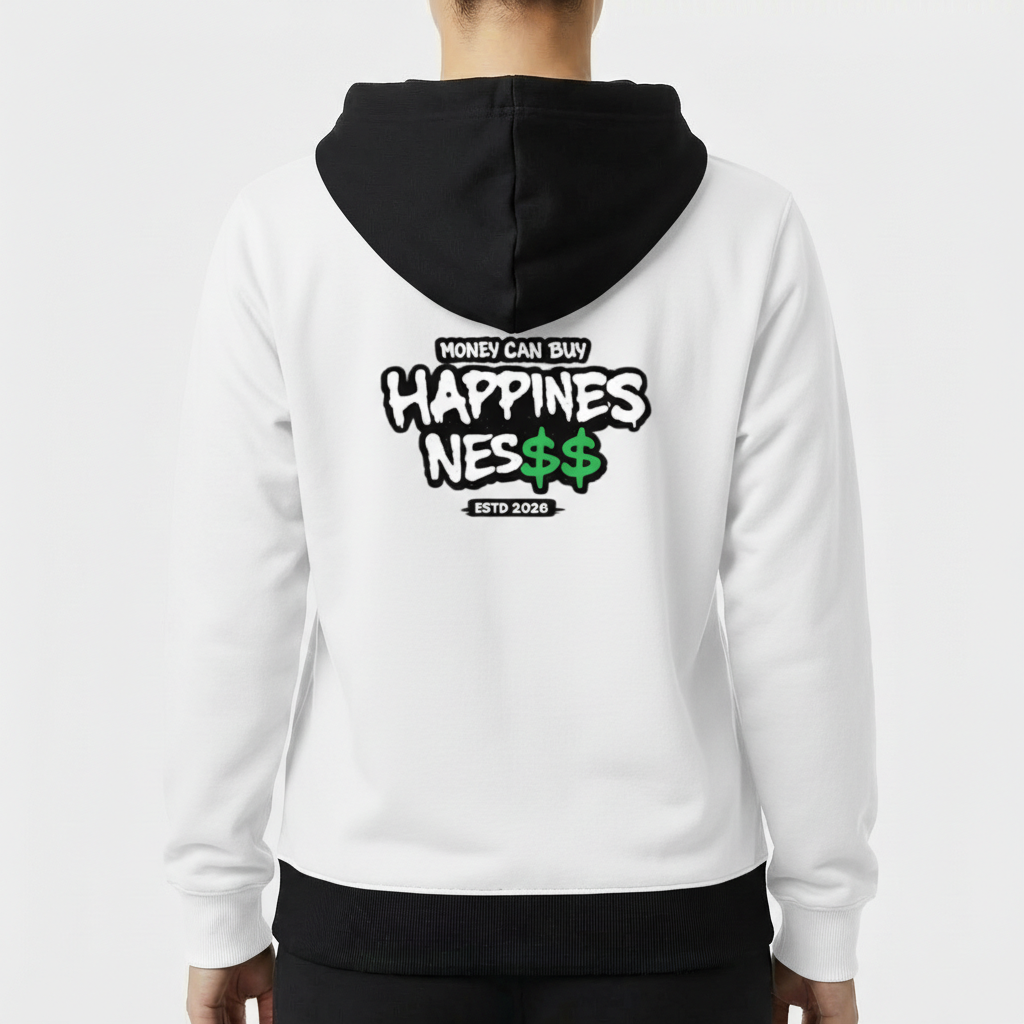 Moletom com estampa traseira de texto grafitado com a frase "Money Can Buy Happiness" onde "Happiness" é estilizado com cifrões, seguido de "ESTD 2026".